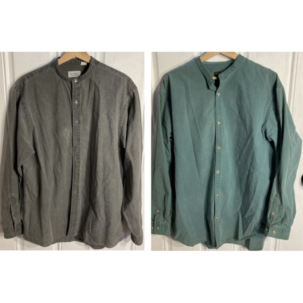 Lot of 2 Vtg J Peterman Sunwashed Canvas Band Collar Poets Shirts Mens Large